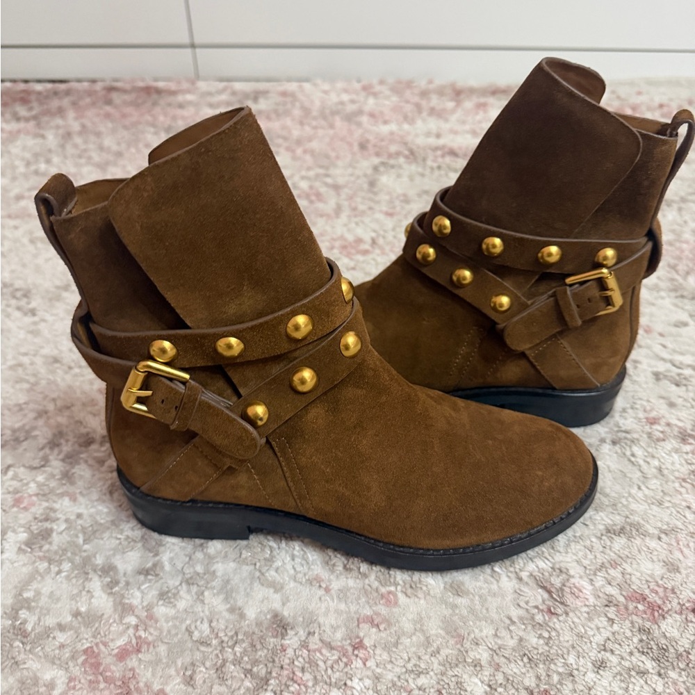See By Chloe Brown Ankle Boots with Gold Accents